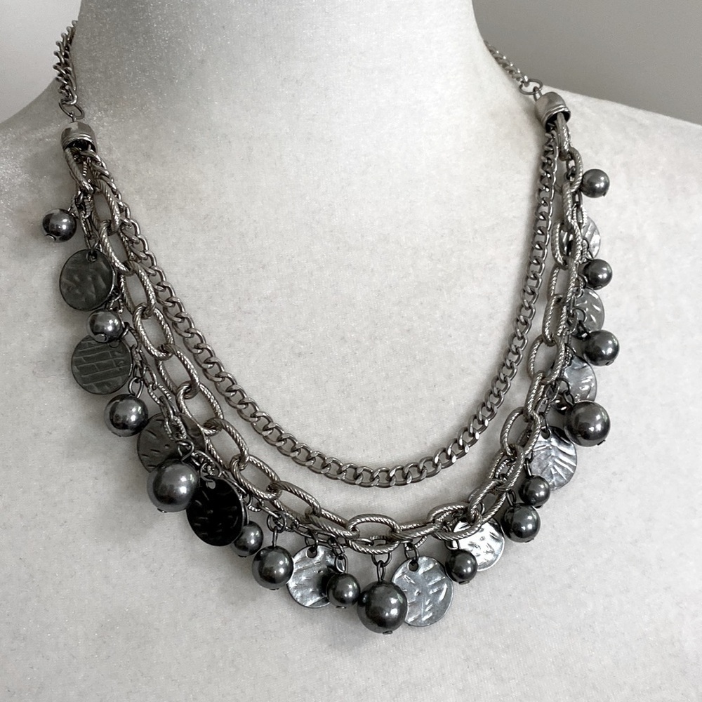 Silver Rocker Rebel Edgy Layered Bead Discs Coins Textured Chain Necklace - Picture 5 of 15